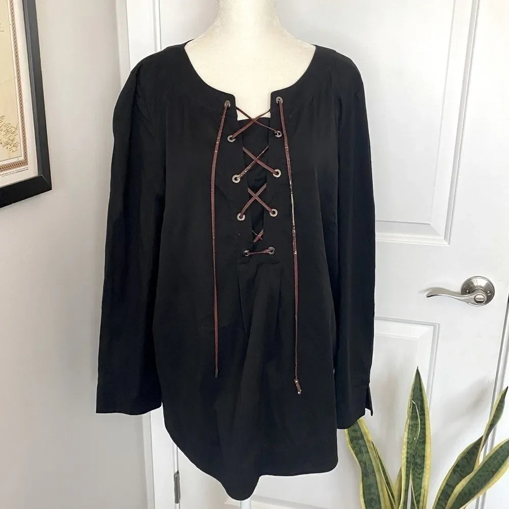 Lafayette 148 NY Lace Up Black Tunic Style Blouse